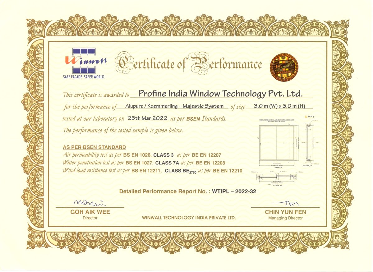 BS EN Certified Performance Certificate for Koemmerling Aluminium Majestic Sliding Door System