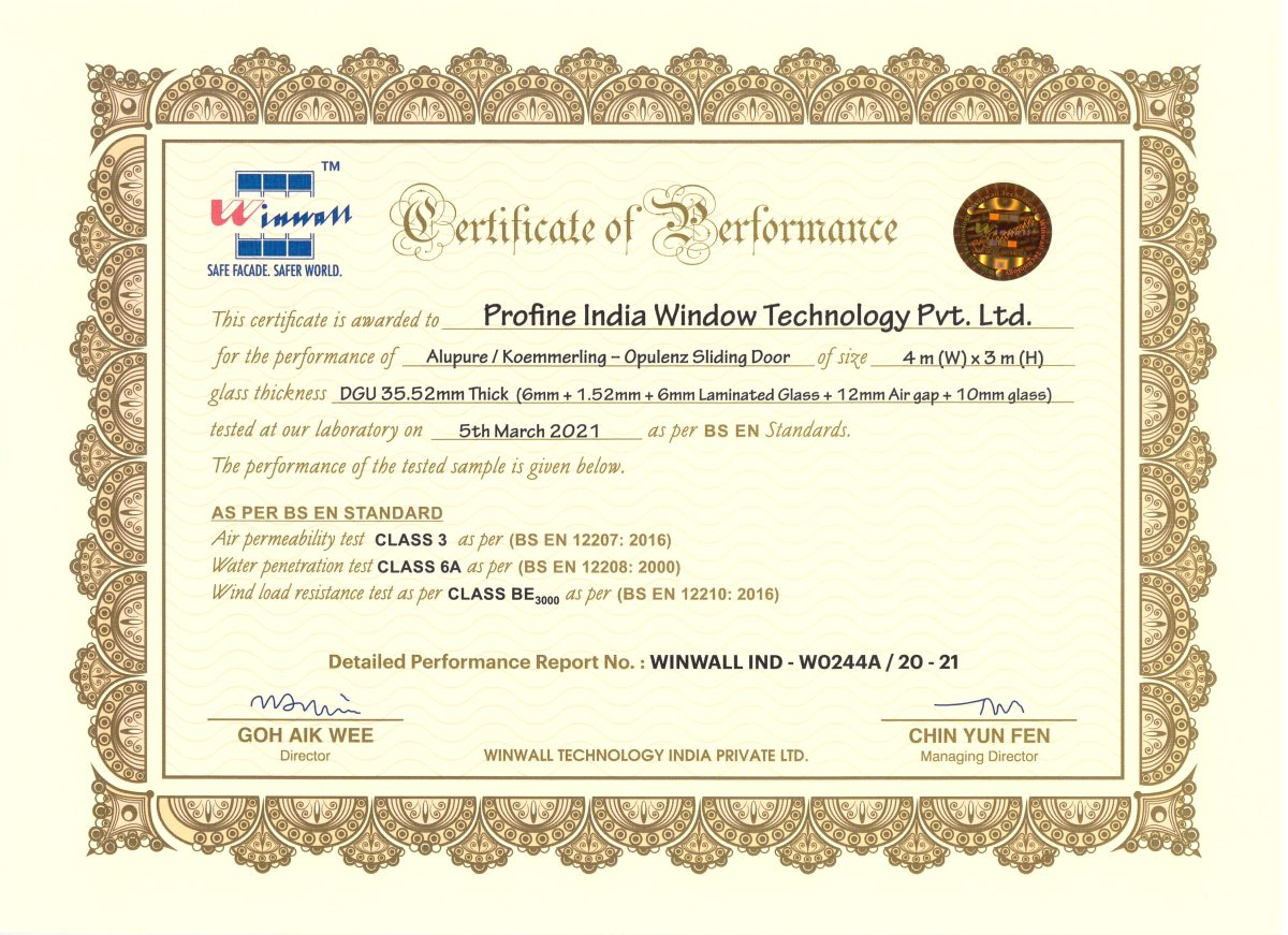 BS EN Certified Performance Certificate for Koemmerling Opulenz Aluminium Sliding Door System